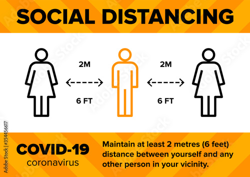 Social distancing 2m meter 6 feet distance infographic warning sign or sticker. Vector design ready for edit, print and use in shops and offices during the coronavirus covid-19 quarantine pandemic.