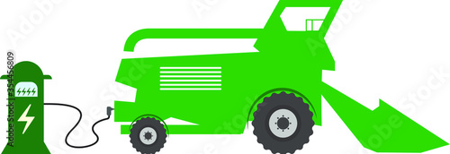 Flat vector illustration of a green electric harvester charging at the charger station. Electromobility e-motion concept. smart and modern agriculture
