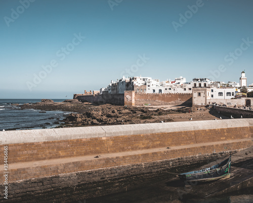 Essaouira Ramparts aerial panoramic view in Essaouira, Morocco. Essaouira is a city in the western Moroccan region on the Atlantic coast.