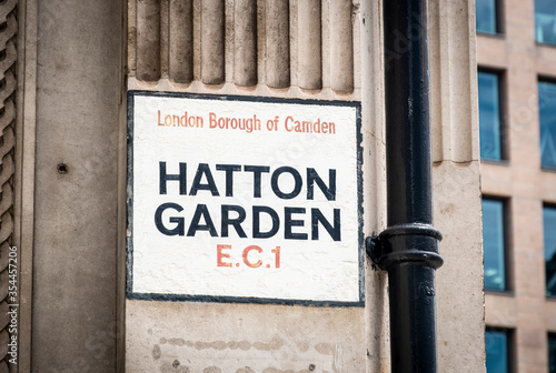 London- Hatton Garden street sign, a street in Holborn in the City of London famous for its jewellery dealers