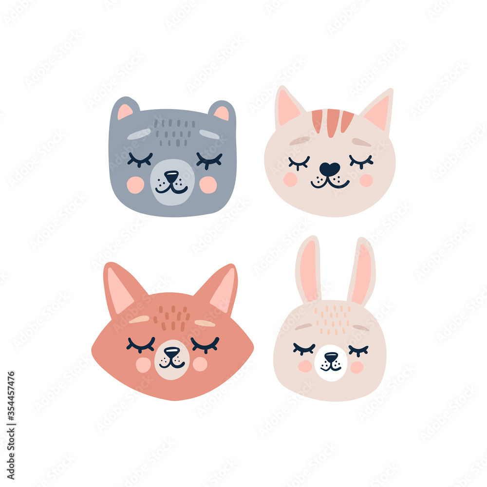 Cute animals heads with closed eyes. Cute cartoon funny character. Pet baby print collection. Scandinavian style. Cute animals heads with closed eyes. Cute cartoon funny character. Pet baby print collection. Scandinavian style.