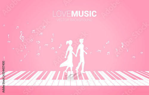 Lover couple holding hand walking on piano key with music melody note dancing flow . Concept background for love song and concert theme.