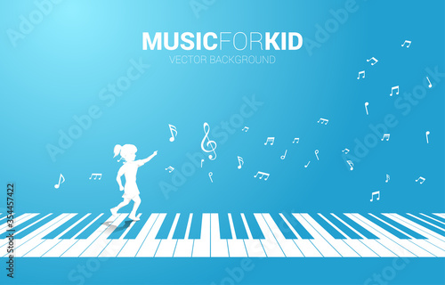 Vector silhouette of girl running with piano key with flying music note . Concept background music for kid and children.