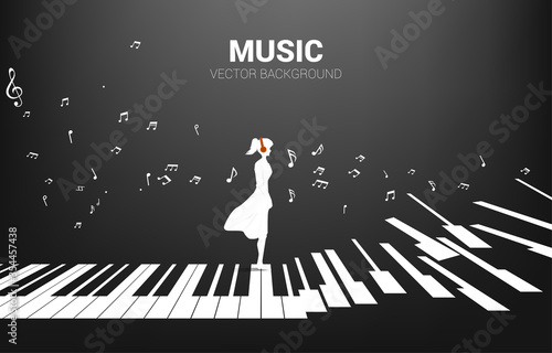Obraz na plátně Vector silhouette of woman standing with piano key with flying music note