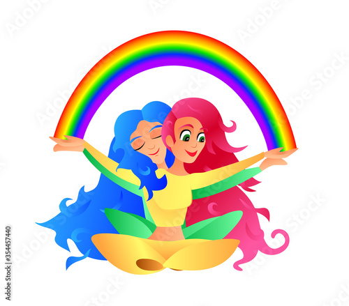 Vector illustration of a same-sex couple of lesbians who hold a rainbow in their hands - a symbol of the LGBT community.