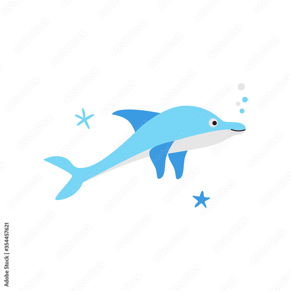 Fototapeta premium Cute blue dolphin on isolated white background. Vector illustration of kawaii sea life swimming creature in flat cartoon style