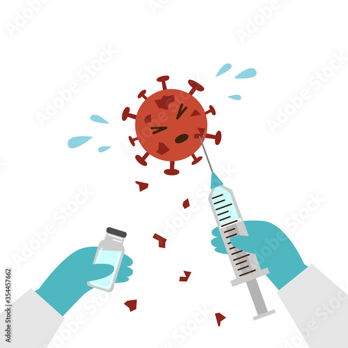 Doctor holding in his hands syringe and vaccine against coronavirus. Vector illustration in flat style isolated on white background about vaccine trials to fight covid-19 infection
