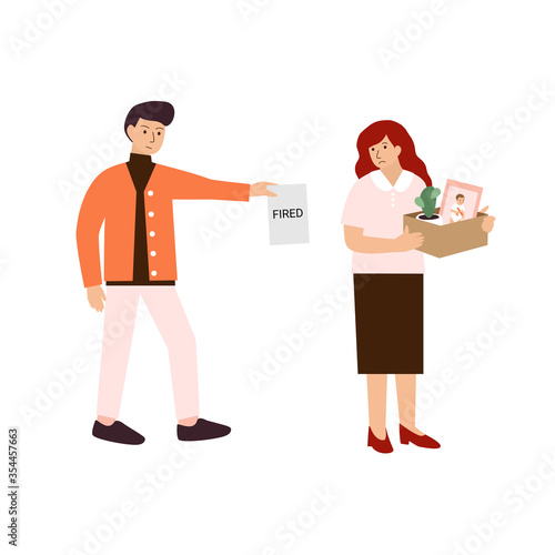 Unemployment. Woman lost her office job. Concept vector illustration in flat cartoon style with  secretary fired from job by angry boss