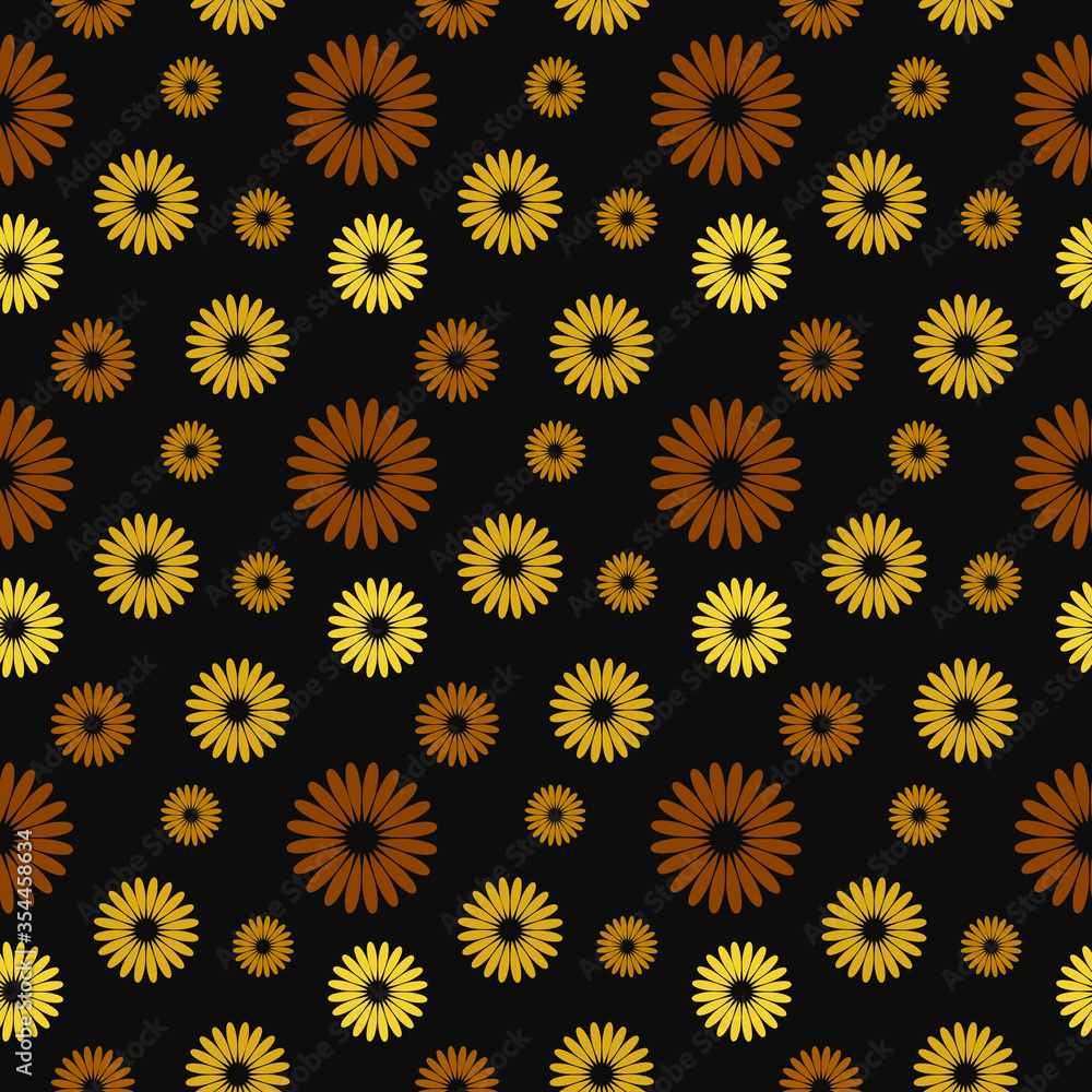 Vector illustration, bright seamless floral pattern with yellow flowers on black background. Vector illustration, bright seamless floral pattern with yellow flowers on black background.