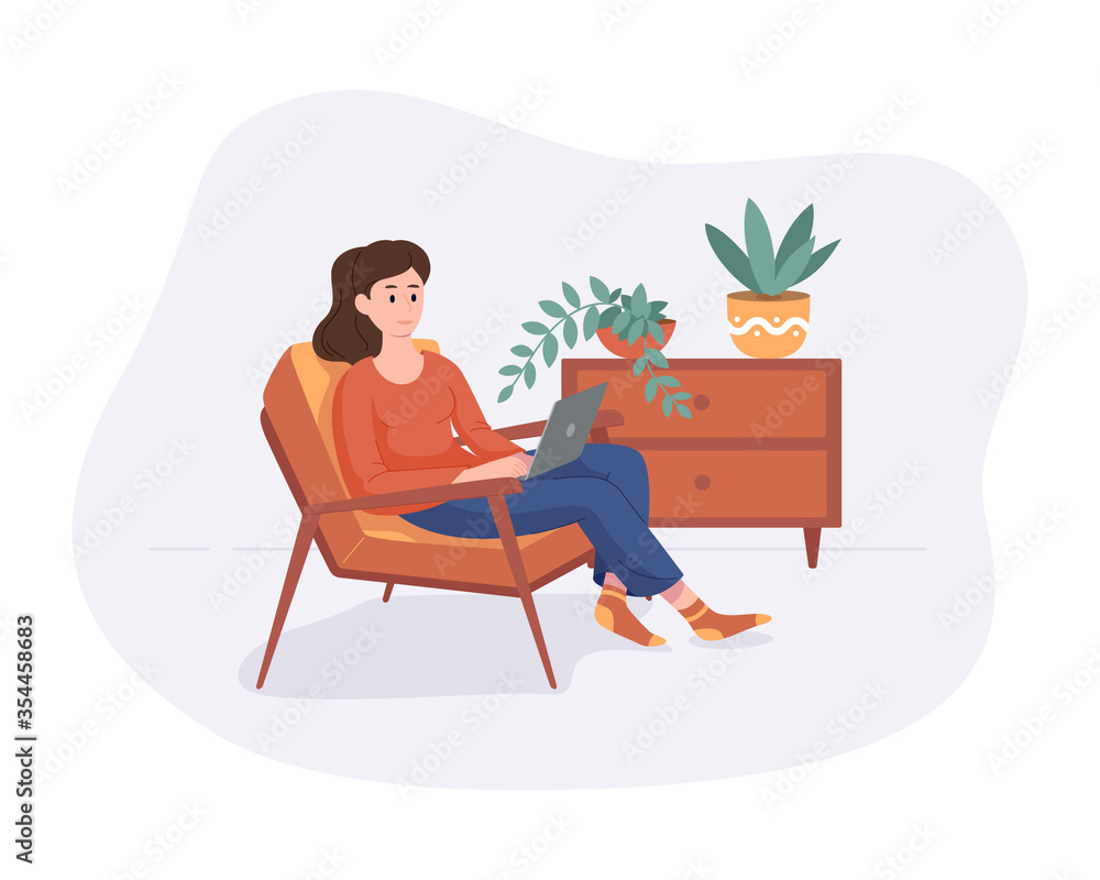 Fototapeta premium Freelance woman work from home comfortable space in chair with computer flat style vector illustration isolated on white. Freelancer girl self employed concept working online.