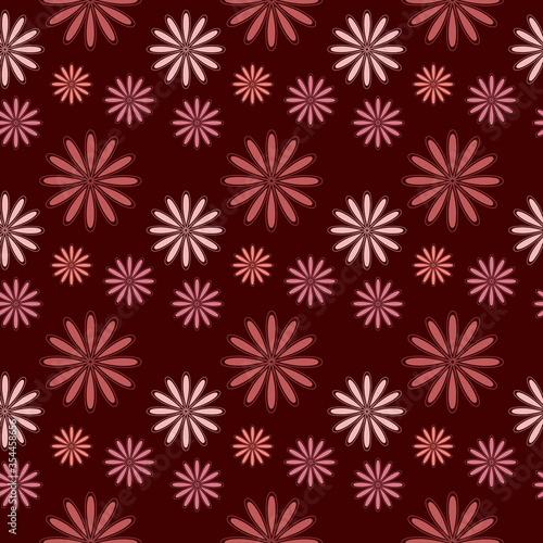 Vector illustration, bright seamless floral pattern with pink flowers on red background.