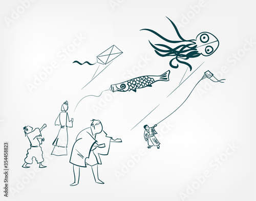kite traditional geometric kimono card background vector sketch illustration line art japanese chinese oriental design
