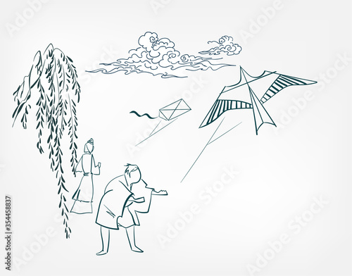 kite traditional geometric kimono card background vector sketch illustration line art japanese chinese oriental design