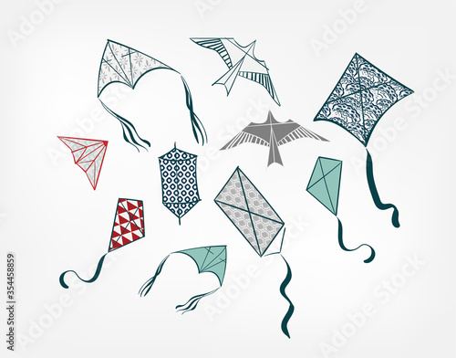 kite traditional geometric kimono card background vector sketch illustration line art japanese chinese oriental design