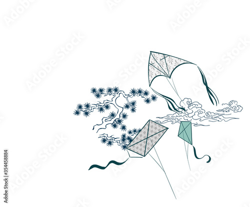 kite traditional geometric kimono card background vector sketch illustration line art japanese chinese oriental design