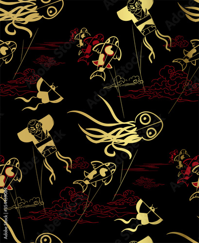 kite black gold traditional geometric kimono seamless pattern vector sketch illustration line art japanese chinese oriental design