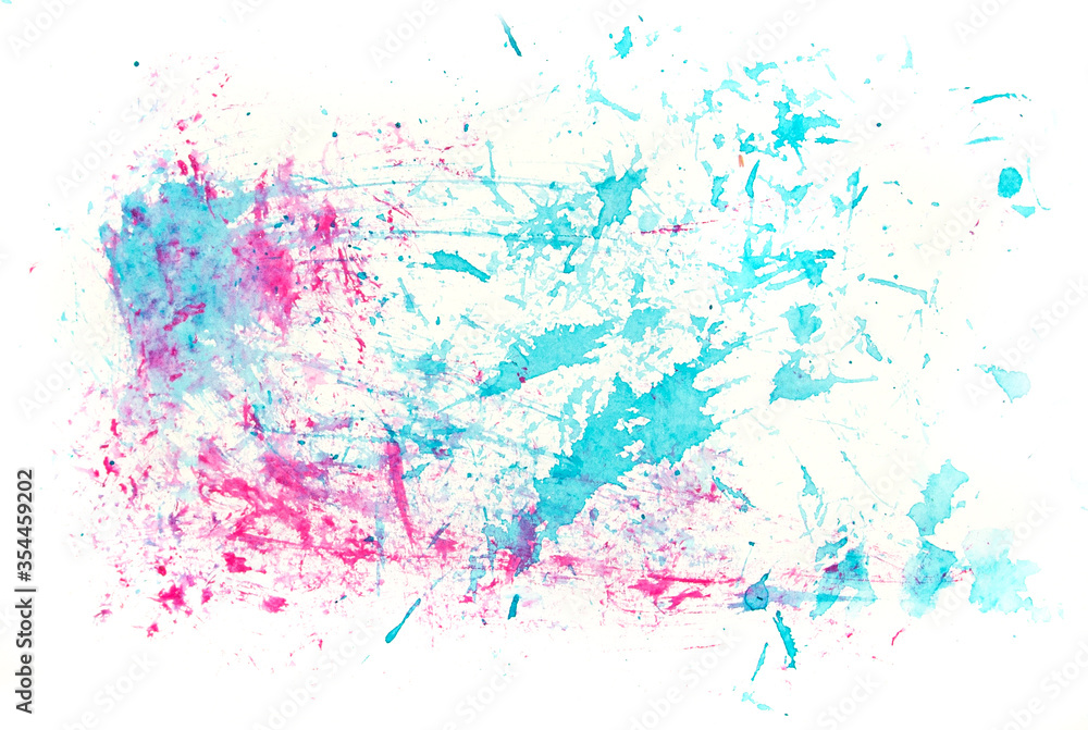 Fresh cool spring hand painted isolated watercolor backdrop with paint splashes on white background in pink, blue, cyan and violet colors. A4 paper size
