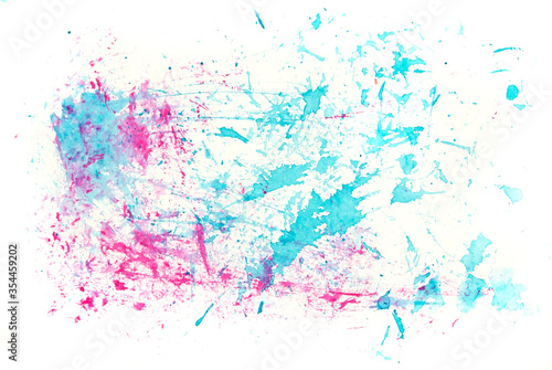 Fresh cool spring hand painted isolated watercolor backdrop with paint splashes on white background in pink  blue  cyan and violet colors. A4 paper size