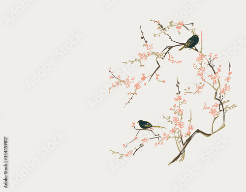 sakura blooming birds traditional card background vector illustration line art japanese chinese oriental design