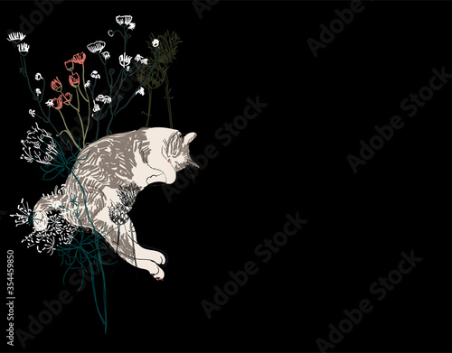 cat flower traditional card background vector illustration line art japanese chinese oriental design