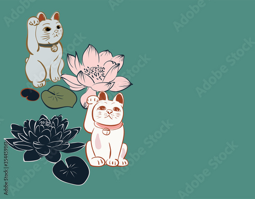 cat water lily lotus pink traditional card background vector illustration line art japanese chinese oriental design