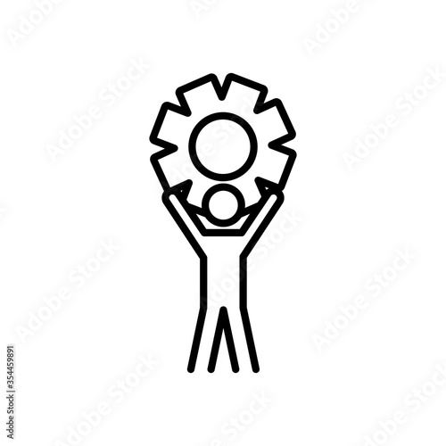 pictogram man holding up a gear wheel icon, line style
