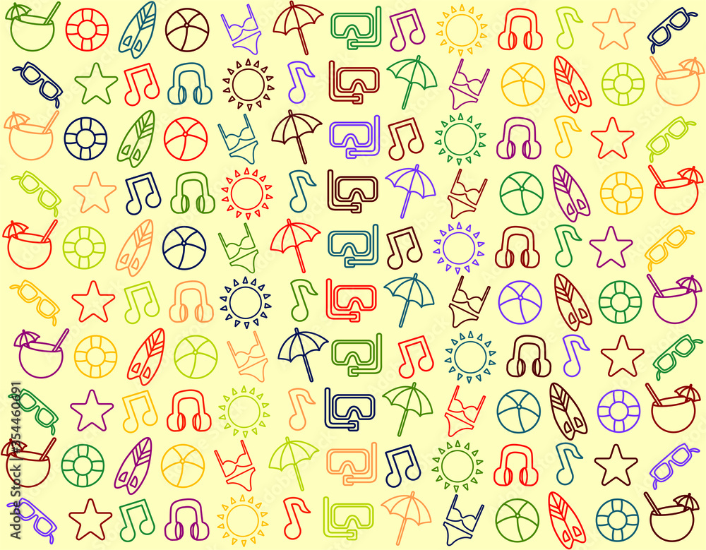 multicolor summer vibes icons over pastel yellow background. Summer and seasonal background multicolor summer vibes icons over pastel yellow background. Summer and seasonal background