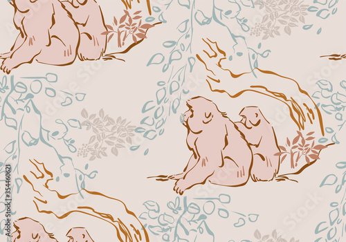 Photography monkey vector japanese chinese nature ink illustration sketch traditional seamle