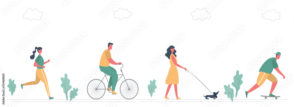 Summer people activities in park. Men and women run, ride a bicycle, on a skateboard and walk with dog. There is also plants and clouds in the picture. Healthy lifestyle concept. Flat style. Vector Summer people activities in park. Men and women run, ride a bicycle, on a skateboard and walk with dog. There is also plants and clouds in the picture. Healthy lifestyle concept. Flat style. Vector