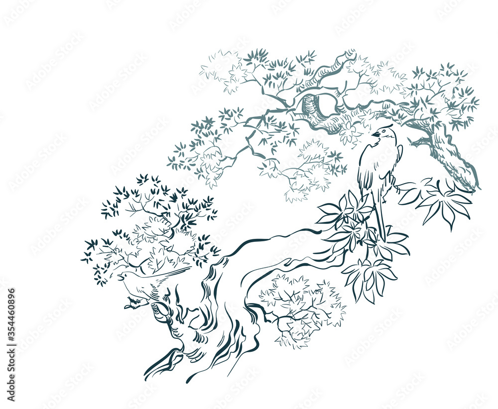 birds maple card nature landscape view landscape card vector sketch illustration japanese chinese oriental line art birds maple card nature landscape view landscape card vector sketch illustration japanese chinese oriental line art