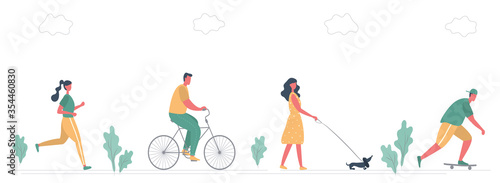 Summer people activities in park. Men and women run, ride a bicycle, on a skateboard and walk with dog. There is also plants and clouds in the picture. Healthy lifestyle concept. Flat style. Vector