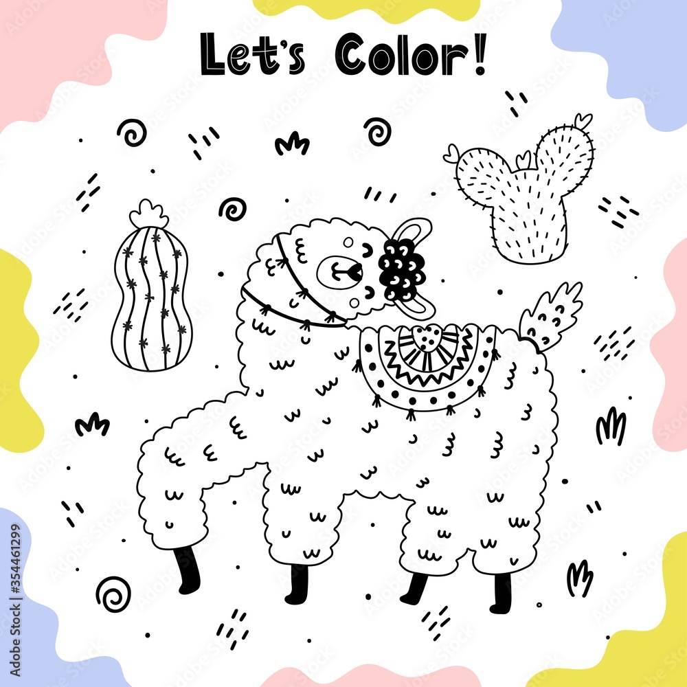 Naklejka premium Coloring page with happy llama and cactuses