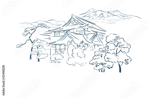 house garden japanese chinese design sketch ink paint style seamless pattern