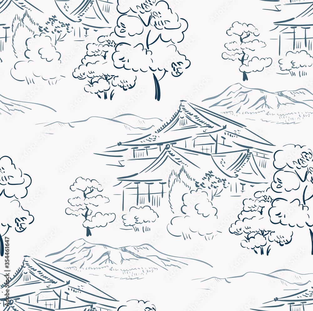 garden building japanese chinese design sketch ink paint style seamless pattern