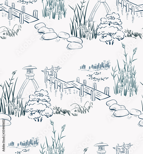 stone garden japanese chinese design sketch ink paint style seamless pattern