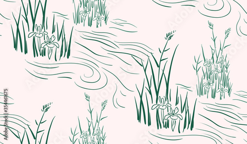 river pond flower japanese chinese design sketch ink paint style seamless pattern