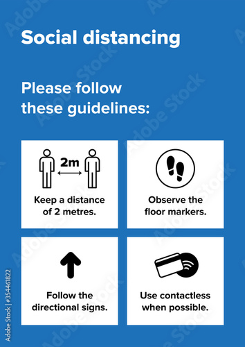 Coronavirus social distancing poster sign information infographic design with covid-19 symbols and illustrations to demonstrate social distance quarantine measures in public spaces.
