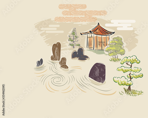 Photography stone garden card nature landscape view landscape card vector sketch illustratio