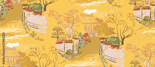 temple japanese chinese design sketch ink paint style seamless pattern