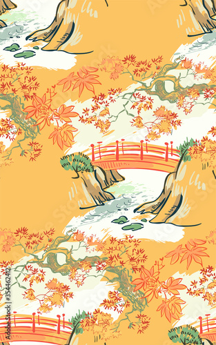 bridge japanese chinese design sketch ink paint style seamless pattern