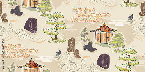 stone garden japanese chinese design sketch ink paint style seamless pattern