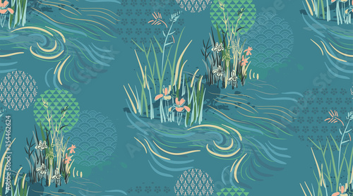 river pond flower japanese chinese design sketch ink paint style seamless pattern