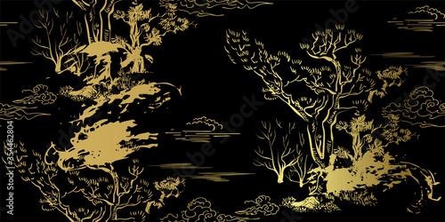 tree forest japanese chinese design sketch black gold style seamless pattern