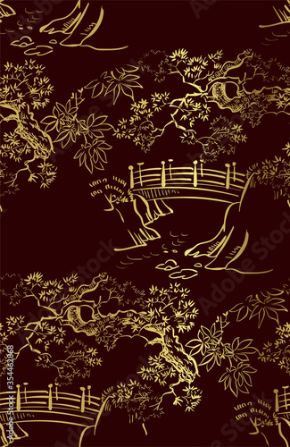 bridge japanese chinese design sketch black gold style seamless pattern
