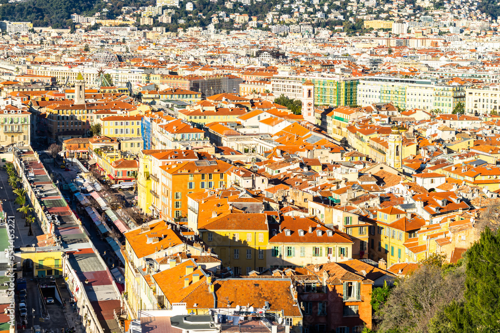 Scenic aerial view of Nice old town seen from the viewpoint of the Colline du Chateau (Castle Hill), France.