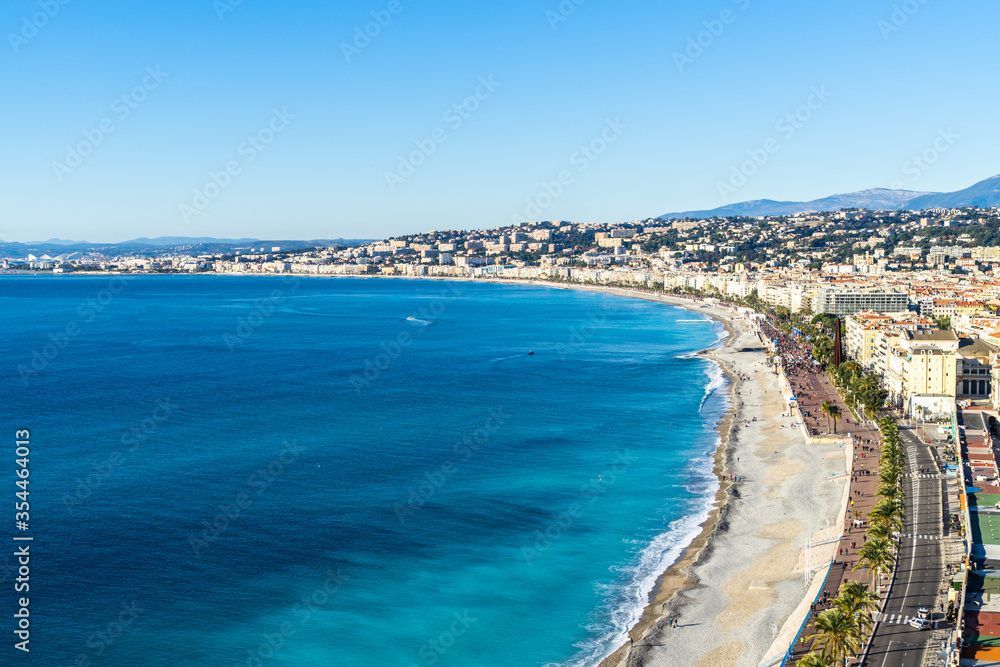 The beautiful Baie des Anges and the Promenade des Anglais in Nice viewed from the Colline du Chateau (Castle Hill), France