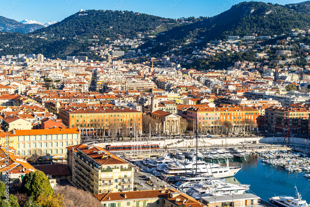 The Port of Nice viewed from the viewpoint of Colline du Chateau in a beautiful sunny day, France