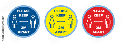 Floor decals social distancing stickers, 2m metres distance vector graphic. Sign or floor sticker. Red, yellow, blue. For use in Schools, Hospitals, Shops, Gym, Leisure, Retail. Coronavirus covid-19