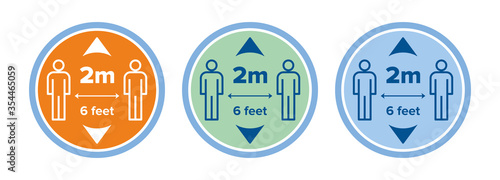 Social distancing floor sticker decal or sign set. 2m meters 6 feet distance sticker for coronavirus covid-19 quarantine pandemic.