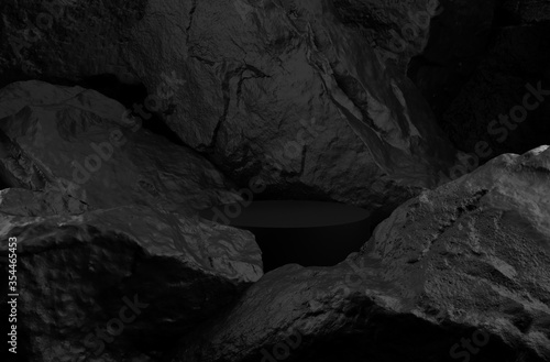 cosmetic stand and black rock in black background,3d rendering
